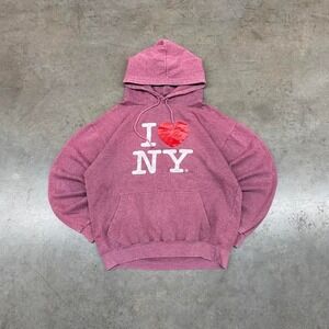 Vintage‎ I Love NY Pink Pullover Hoodie NYC Tourist Classic Size L